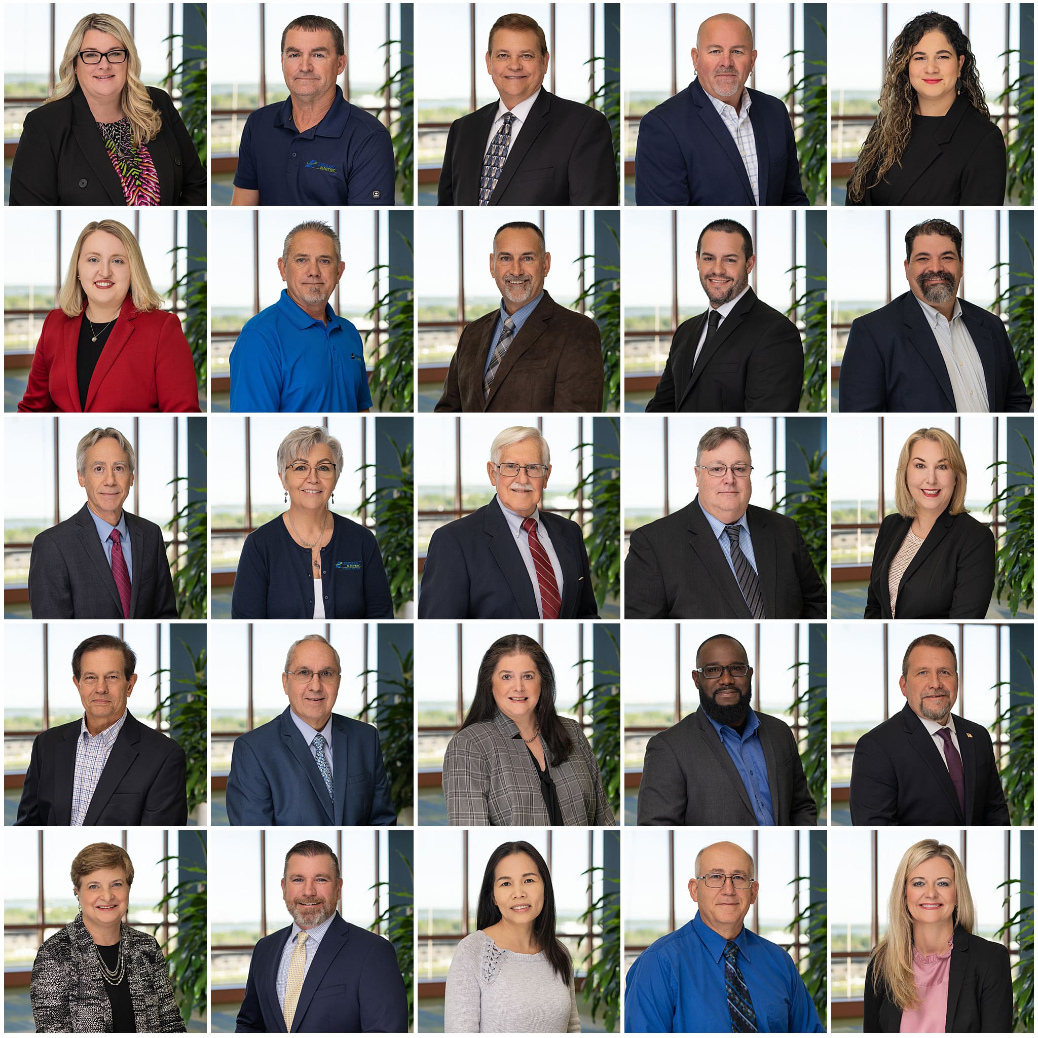 A collage of 25 business headshots on an environmental backdrop in a Clearwater office.